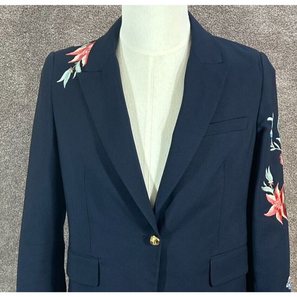 Zara Woman Blazer Womens Medium Blue Embroidered Floral Single Button Jacket - Picture 4 of 9